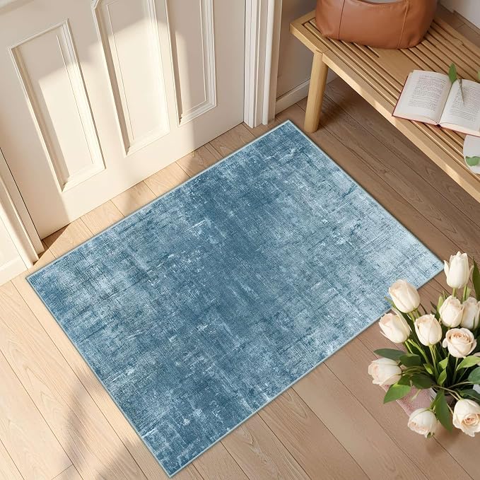 Latte&Fog 2x3 Entryway Rug, Small Modern Abstract Door Mat, Blue Washable Kitchen Rug, Boho Non Slip Low Pile Carpet for Indoor Kitchen, Entry, Front Door and Bathroom