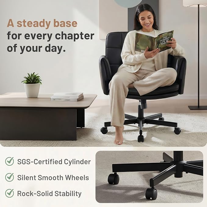 Criss Cross Chair with Wheels & Armrests - PU Leather Comfy Wide Seat Cross Legged Desk Office Chair - Comfortable Swivel Rolling Tilting Vanity Chair with Back for Home Office Makeup Bedroom