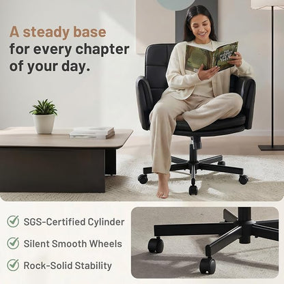 Criss Cross Chair with Wheels - PU Leather Comfy Wide Seat Criss Cross Desk Office Chair with Armrests - Comfortable Swivel Rolling Tilting Vanity Chair with Back for Home Office Makeup Bedroom