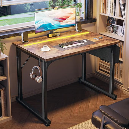 DurayLoly 32" Computer Desk with Waterproof LED Lights,Bedroom Study Desk for Teens,Dorm Room Essentials,Headphone Hook&Storage Bag for Small Spaces,Sturdy Metal Frame,Rustic Brown