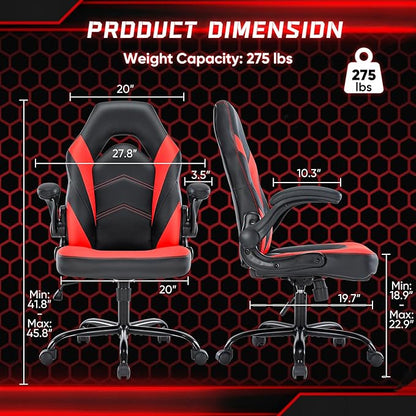 OLIXIS Computer Gaming Desk Chair - Ergonomic Video Game with Comfy Lumbar Support and headrest, PU Leather with Flip-up Arms, Adjustable Height and Swivel Wheels, for Adults, Black and Red