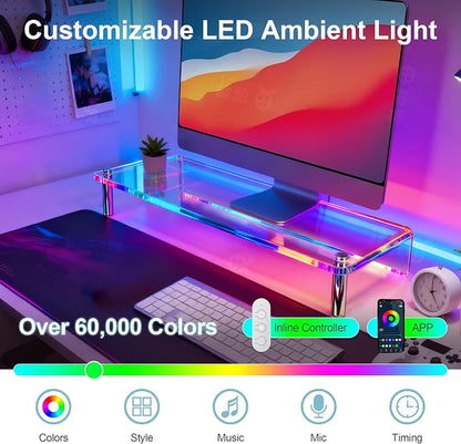 0.39" Extra Thick Acrylic Monitor Stand Riser, Clear | 23.6” x 9.1" x 3.5" Acrylic Desk Shelf with RGB Lighting & Dual Control-App & Button Control,for Office Desktop Organizer