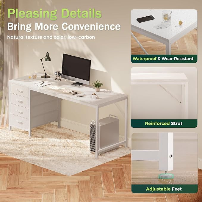 PRAISUN 55.1 Inch Computer Office Desk with Power Outelts and USB-C Port, Reversible Gaming Desk with 4 Fabric Drawers, Work Study Desk Work from Home, White