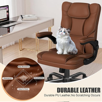 Ergonomic Office Chair with Flip-Up Armrests, Mid Back Executive PU Leather Desk Chair, Height Adjustable with Lumbar Support, Rocking & Swivel Computer Chair for Home Office