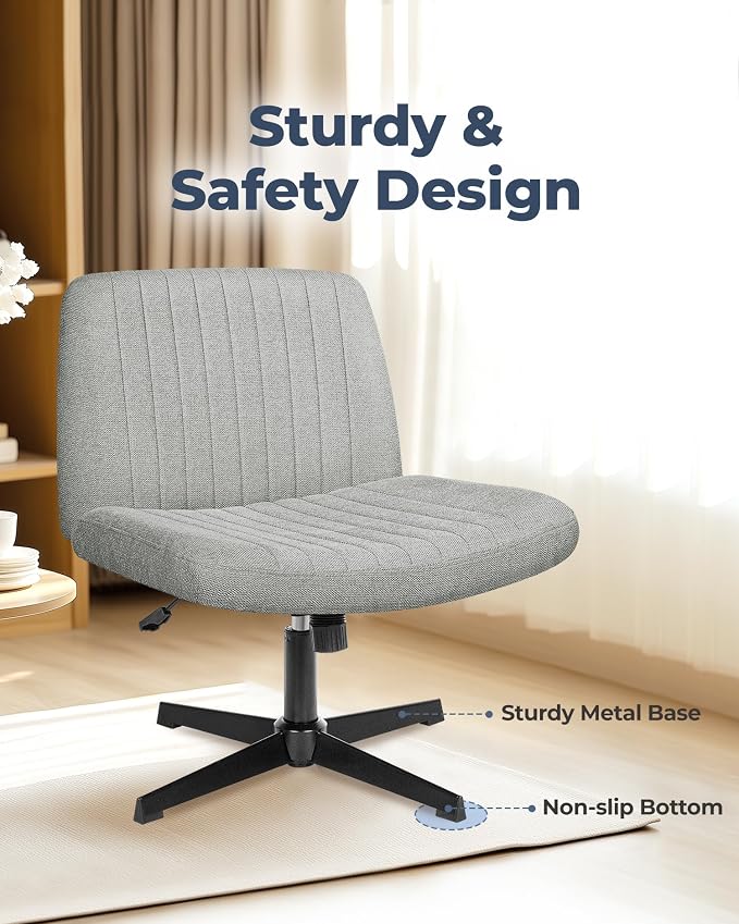 NEO Chair Criss Cross Chair No Wheels, Armless Cross Legged Office Desk Chair, Vanity Makeup Fabric Computer Comfy Adjustable Swivel Ergonomic Living Bedroom for Home Office (Fabric Grey)