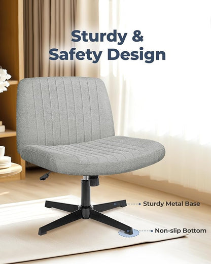 NEO Chair Criss Cross Chair No Wheels, Armless Cross Legged Office Desk Chair, Vanity Makeup Fabric Computer Comfy Adjustable Swivel Ergonomic Living Bedroom for Home Office (Fabric Grey)