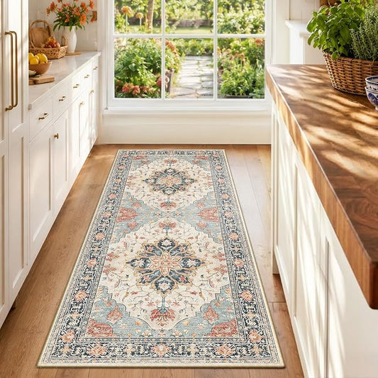 RELEANY Area Rugs Runner 2'x6' Washable Non-Slip, Floral Vintage Distress Medallion Carpet for Kitchen Hallway Bedroom Beside Laundry Room Bathroom, Beige Navy Blue Orange Colorful