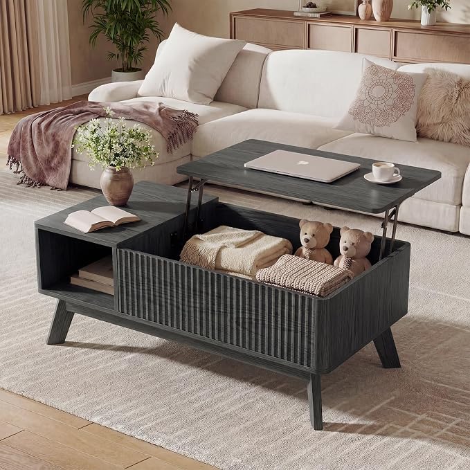 Wood Lift Top Coffee Table with Hidden Compartment and Large Storage Shelf, Lift Tabletop Dining Center Table for Home Living Room Office,Black