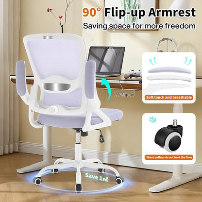 Ergonomic Office Chair,Mesh Office Chair with Lumbar Support,Mid Back Desk Chair with Flip-up Arms,400 lbs Comfy Computer Chair for Home Office (Pale Purple White)