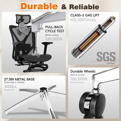 GABRYLLY Ergonomic Office Chair with Footrest, 135° Reclining Desk Chair with Adjustable Lumbar Support,3D Armrest,Headrest & Large Steel Base, 300LBS Heavy Duty Mesh Chair