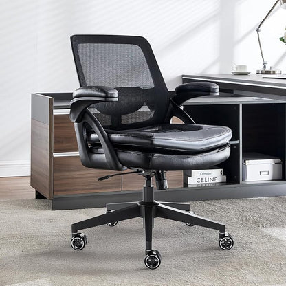 Big and Tall Office Chair, 500lbs Mesh Heavy Duty Ergonomic Desk Chair with Flip-up Armrests, Plus Size Wide Seat in PU Leather, 360 Swivel Computer Executive Task Chair for Home Office (Black)