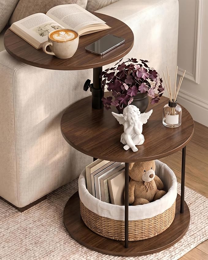 Faesun Swivel Round Table for Couch Arm, Height Adjustable C Shaped End Table for Recliner or Bed, Tv Trays with Storage Shelf for Small Spaces- Small Nightstand for Living Room, Bedroom, Walnut