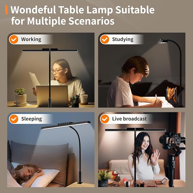 Desk Lamp, 3 Colors Stepless Dimming LED Desk Lamps for Home Office Adjustable Memory Desk Light with Clamp Touch Control Office Lamp Eye Caring Computer Light for Working Sewing(Black)