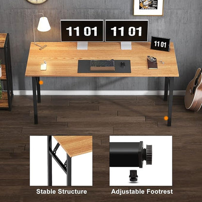 Need Folding Computer Desk, Large 62 inches Folding Table for Home Office, No Install Needed Foldable Writing Table Long Desk, Space-Saving, Teak and Black