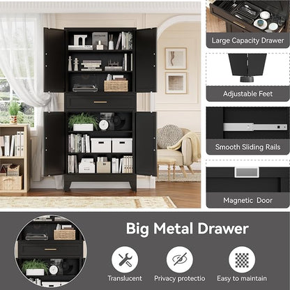 Metal Storage Cabinets with Drawer, 71" Filing Cabinet with 4 Adjustable Shelves & 4 Doors, Modern Abstract Rhombus Geometric Design File Cabinet for Home,Office,Garage,Shop,School, Black