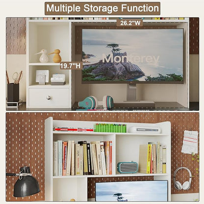 ChooChoo Desktop Bookshelf with Lights, 36.4" Tall Countertop Desk Hutch with 5 Shelves and 1 Drawer for Computer Desk, Desk Shelf Organizer for Dorm Office Home,White