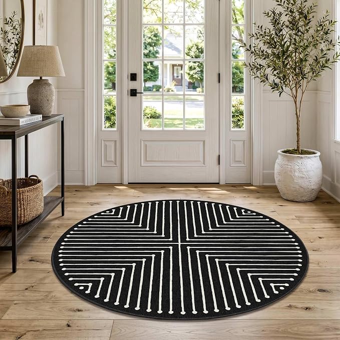 Latte&Fog Round Rug Washable Modern Non Slip Circle Area Rug (4ft Round) | For Living Room Bedroom Dining Room Entrance and Hallway, Washable, Non Slip, Modern Style, Low Pile, Indigo Black 4ft Round