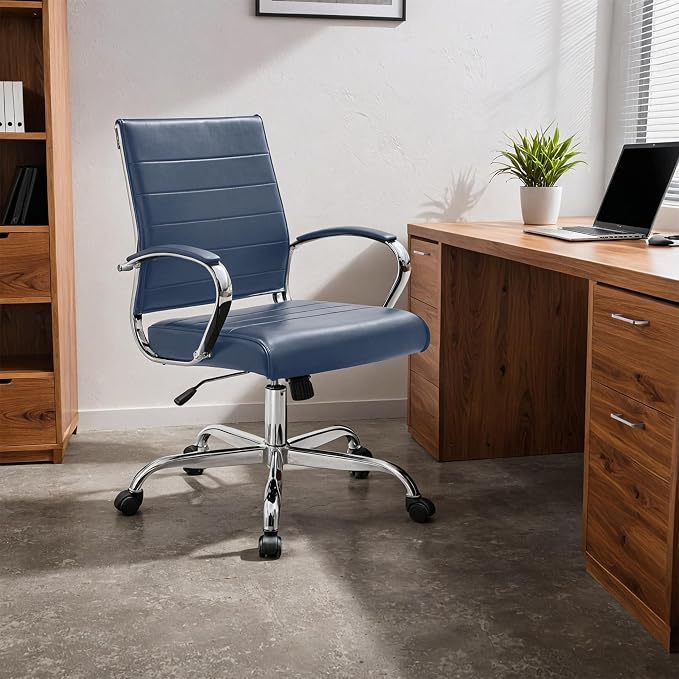 LeisureMod Benmar Leather Office Desk Chair, Mid-Back Ergonomic Swivel Chair with Lumbar Support, Adjustable Height, Tilt Lock, Cushioned Seat & Back, Home Office Task Chair (Navy Blue, Set of 2)