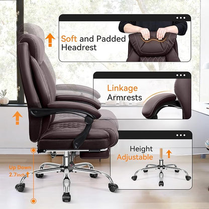 BestGlory Office Chair, Executive Leather Chair Adjustable High Back, Computer Desk Chair Lumbar Support, Big and Tall Office Chair with Footrest, Comfy Reclining Chair for Home Office