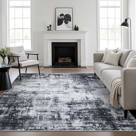 8x8 Area Rug Living Room Rug: Washable Modern Abstract Soft Thin Rug Indoor Floor No Slip Stain Resistant Carpet for Bedroom Dining Room Farmhouse Nursery Home Office - Dark Black
