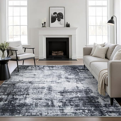 6x6 Area Rug Living Room Rug: Washable Modern Abstract Soft Thin Rug Indoor Floor No Slip Stain Resistant Carpet for Bedroom Dining Room Farmhouse Nursery Home Office - Dark Black