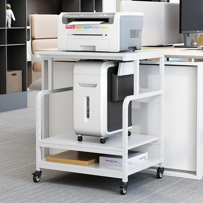White Printer Table Stand with Storage, 23.6''x18.9'' Large Printer Table for Home Office, 3 Tier Rolling Printer Cart with Wheels, Stand for 3D Laser Inkjet Printer, Fax