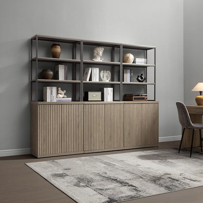 SICOTAS Book Shelf Fluted Bookshelf Cabinet - 75" Tall Bookcase 6 Tier Large Bookshelves with Doors Storage Modern Wide Book Shelves Case for Living Room Home Office Library, Metal Frame, Grey