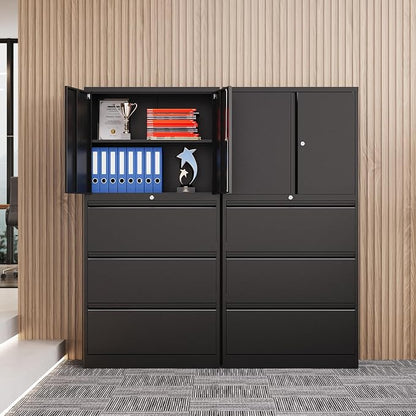 3 Drawer Lateral File Cabinet, Office Storage Cabinet with 3 Wide&Deep Drawers and Locking Doors, Black Metal Cabinet with Adjustable Shelves for Home Office, Fits A4/Letter/Legal Size Folders