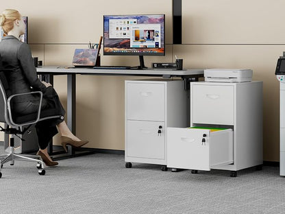 Polup 2 Drawer Rolling File Cabinet on Wheels, Mobile Two Drawer Filing Cabinet with Lock, Small Files Cabinets for Under Desk, Metal Filing Cabinets for Letter Size Folders, White - Assembly Required