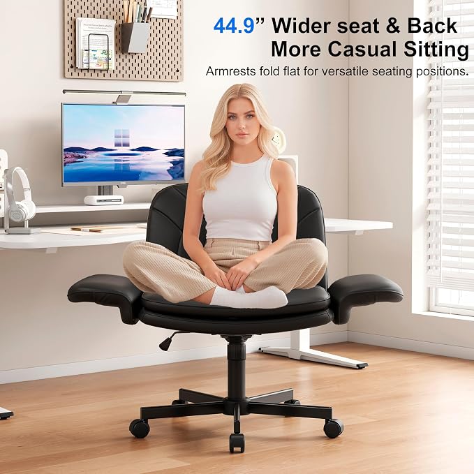 Misolant Criss Cross Chair with Armrests & Wheels for Cross-Legged Sitting, Comfortable PU Leather Vanity Chair, Office Desk Chairs with Adjustable Rocking Function, for Home, Bedroom Black