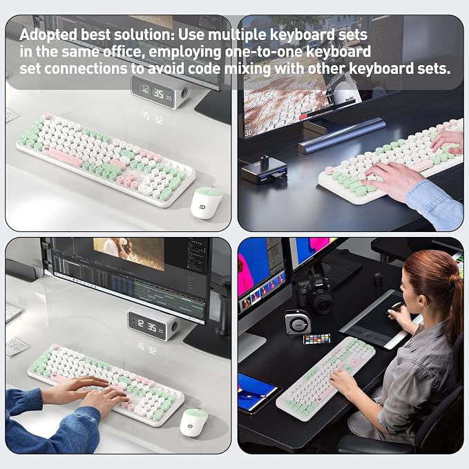 Wireless Keyboards Mouse Combos, Colorful Cute Typewriter Full-Size Retro Round Creamy Keyboard, 2.4GHz Sleep Mode Office Wireless Keyboard and Mouse Set for Desktop Laptop PC Computer