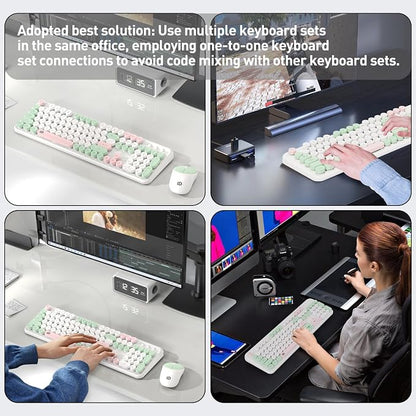 Wireless Keyboards Mouse Combos, Colorful Cute Typewriter Full-Size Retro Round Creamy Keyboard, 2.4GHz Sleep Mode Office Wireless Keyboard and Mouse Set for Desktop Laptop PC Computer