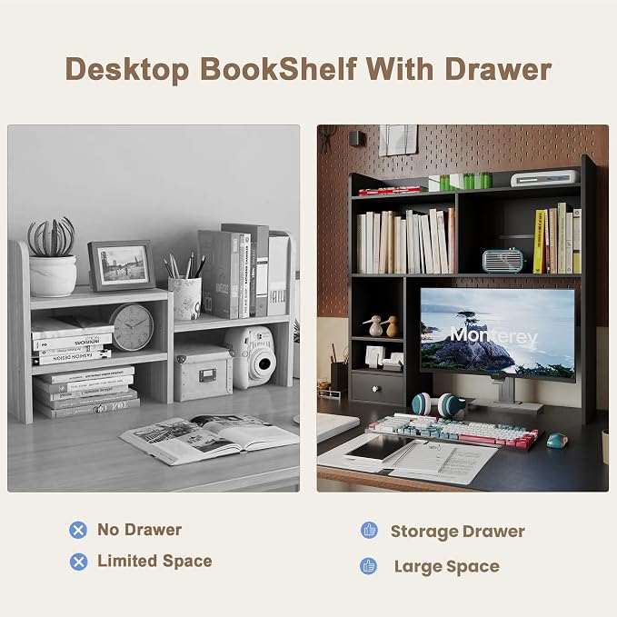 ChooChoo Desktop Bookshelf, 36.4" Tall Countertop Desk Hutch with 5 Shelves and 1 Drawer for Computer Desk, Desk Shelf Organizer for Dorm Office Home,Black