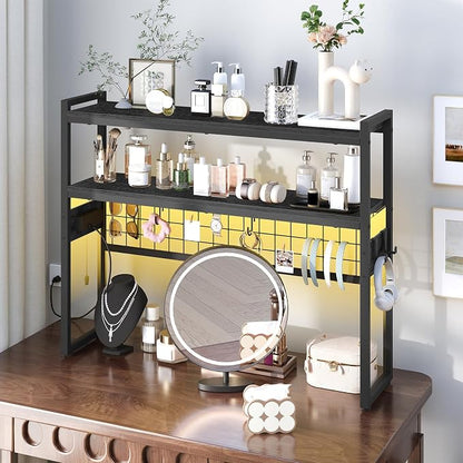 HOOBRO Desktop Bookcase, 37.4" Large Desk Shelf, 2-Tier Desktop Organizer, Wooden Office Storage Rack with Outlets, Display Shelf Rack with Light Strip, Desk Hutch for Office, Black BB13UDSJ01