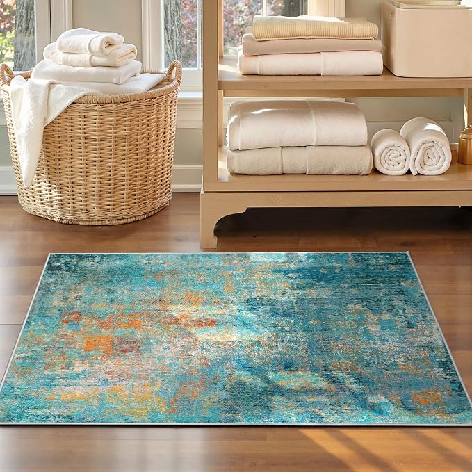 RELEANY Washable Area Rugs 3'x5' Non-Slip Modern Abstract Soft for Living Room Entryway Bedroom Kitchen, Print Pattern, Teal Blue Green Orange Rust Red Coloreful