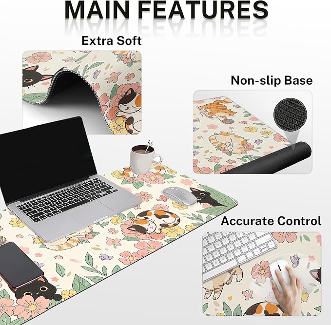 Britimes Cute Floral Cat Keyboard Mouse Pad Set Butterfly Cottagecore 4in1 Large Mousepad+Keyboard Wrist Rest+Mouse Wrist Rest+Coaster Ergonomic Design for Home Office Computer 35.4x15.7 inches