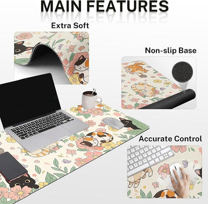 Britimes Cute Floral Cat Keyboard Mouse Pad Set Butterfly Cottagecore 4in1 Large Mousepad+Keyboard Wrist Rest+Mouse Wrist Rest+Coaster Ergonomic Design for Home Office Computer 35.4x15.7 inches