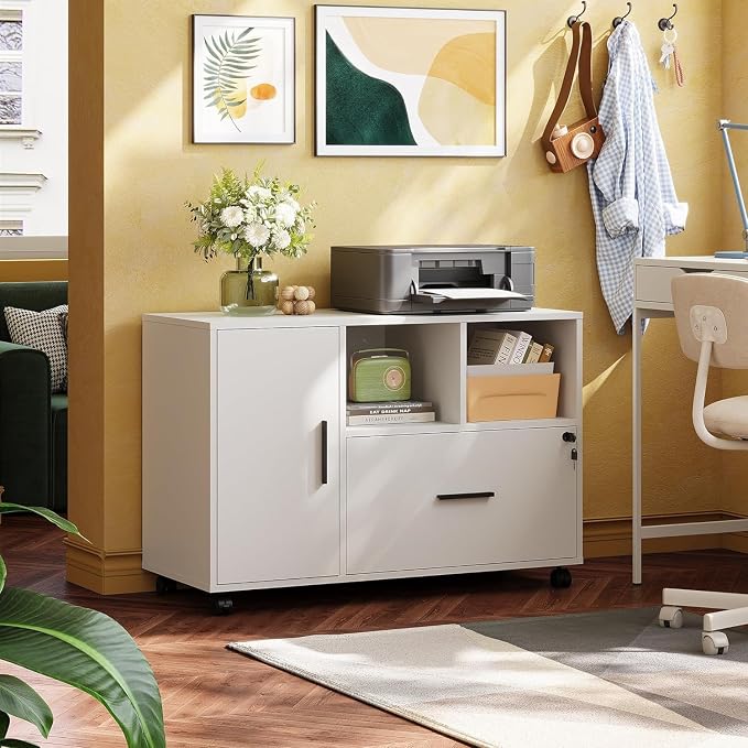 DEVAISE Office File Cabinet with Lock, 1-Drawer Wood Lateral Filing Cabinet on Wheels, Printer Stand with Open Storage Shelves for Home Office, White