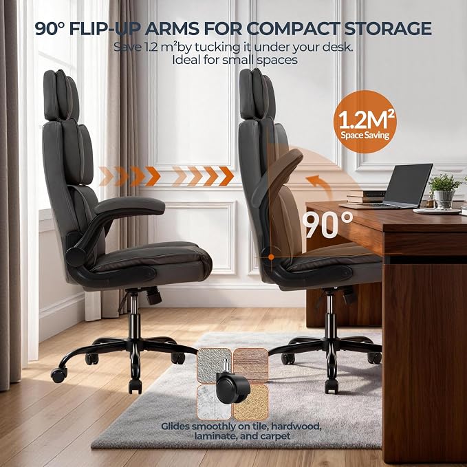 Office Chair with Adjustable Headrest - Executive Leather Desk Chair for Home Office, with Flip-Up Arms & Ergonomic Lumbar Support, Perfect for Work and Study, Gray