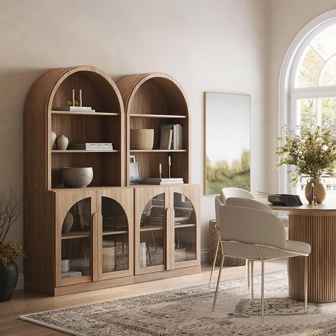 BELLEZE Set of 2 71" Tall Storage Cabinet with Glass Door, Sideboard Buffet Cabinet with Adjustable Shelves for Pantry Organizing, 5-Tier Modern Storage Unit for Living Room Home Office, Camel