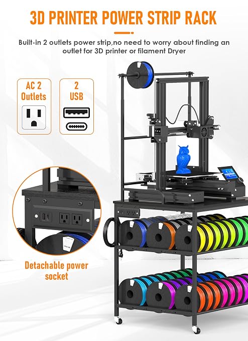 Baoz 3D Printer Stand with Filament Storage, 3-Tier Rolling 3D Printer Desk with Wheels, Built-in Power Strip, Heavy Duty Stand Table for PLA/ABS/PETG/TPU, Printer Cart for Studio, Office, Workshop