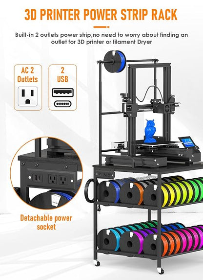 Baoz 3D Printer Stand with Filament Storage, 3-Tier Rolling 3D Printer Desk with Wheels, Built-in Power Strip, Heavy Duty Stand Table for PLA/ABS/PETG/TPU, Printer Cart for Studio, Office, Workshop