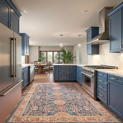 Goideal Washable Rug 5x7, Vintage Area Rugs Non Slip, Indoor Low Pile Carpet with Rubber Backing for Living Room Kitchen Bathroom Entryway Office Bedroom, Navy Blue & Orange