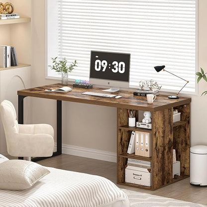 EXCEFUR Computer Desk for Home Office, Modern Writing Desk with Reversible Storage Shelves, Wood and Metal Gaming Study Table Workstations, 53 Inch, Rustic Brown