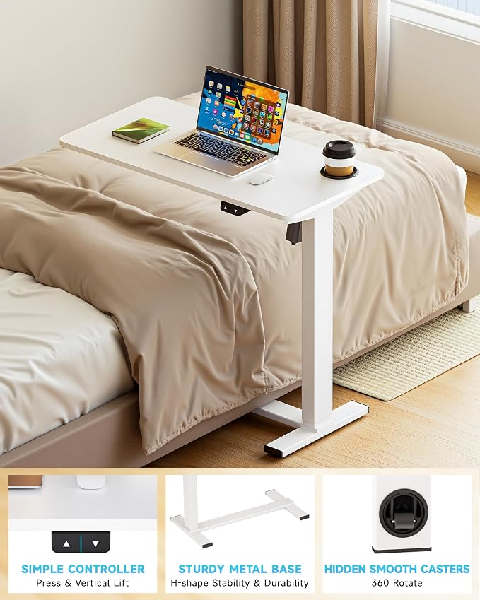 BIZUM Small Electric Standing Desk Bedside Table with Hidden Wheels 31.5 x 15.8 Inch Adjustable Computer Laptop Office Desk, White