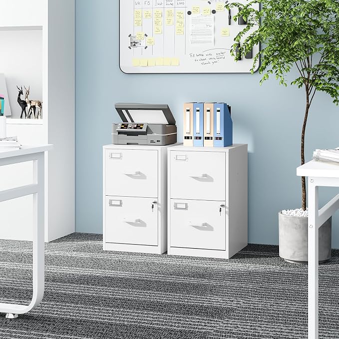Fesbos 2 Drawers File Cabinet White Metal Vertical Filing Cabinets Metal Lockable Storage Cabinets with Lock for Home Office to Hanging Files