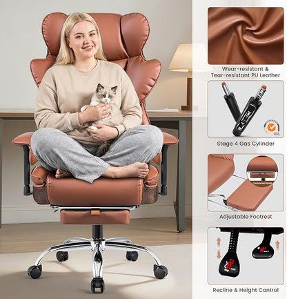 BESTFAIR Big and Tall Office Chair - 400 LBS Capacity Executive Chair with High Back & Footrest, Ergonomic Office Chair for Heavy People, Wide Padded Seat Computer Gaming Chair, Brown 2 Pack
