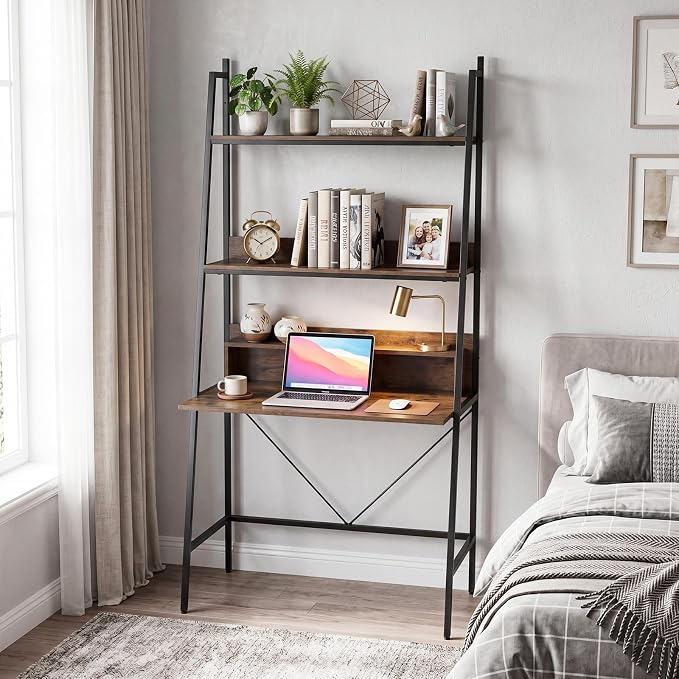 Tangkula 3-Tier Ladder Computer Desk, 71 Inch Modern Writing Desk with Storage Shelves, PC Laptop Workstation, Ladder Bookcase Stand Shelf with Metal Frame, Study Shelf Desk for Home Office (Brown)