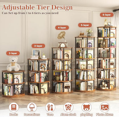 Aheaplus 6 Tier Rotating Bookshelf Tower, Revolving Bookcase, 360° Round Spinning Book Shelf, Narrow Swivel Bookshelves Vertical Turning Corner Bookshelf Organizer for Small Space, Rustic Brown
