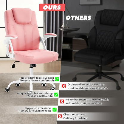 Executive Office Chair, Ergonomic PU Leather Computer Chairs, Executive Breathable Desk Chair with Padded Flip-Up Arms, 360° Swivel Rolling Chair Comfy Padded for Working Studying Gaming (Pink)